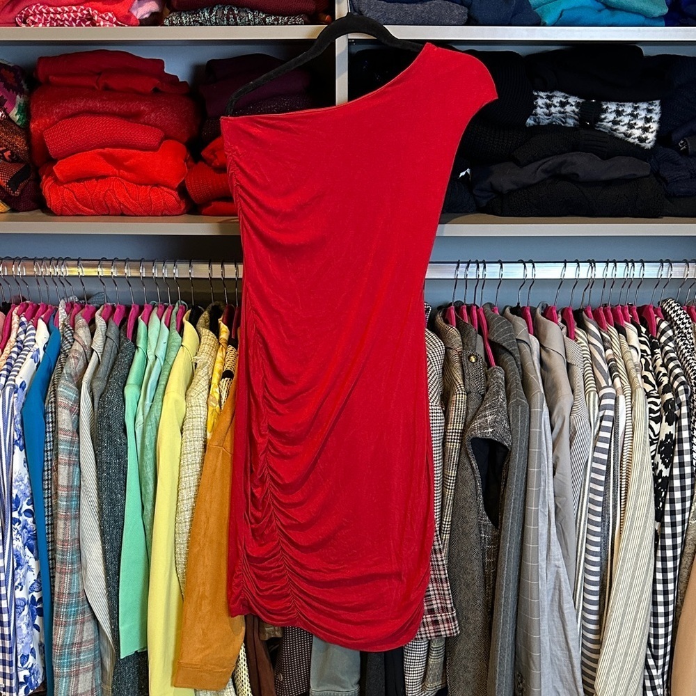 Bar III red on shoulder side ruched dress size S